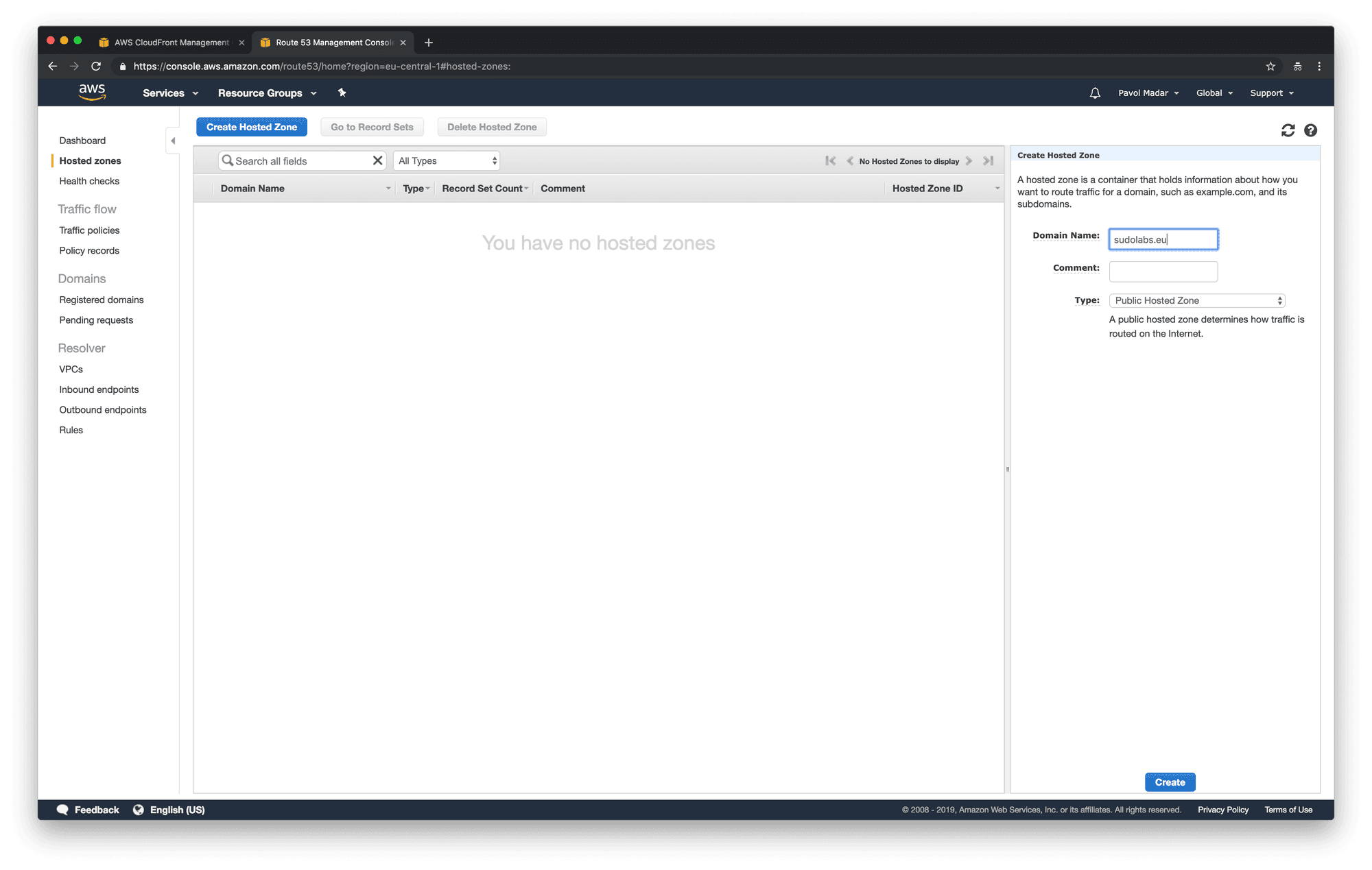 AWS Route 53 - create hosted zone