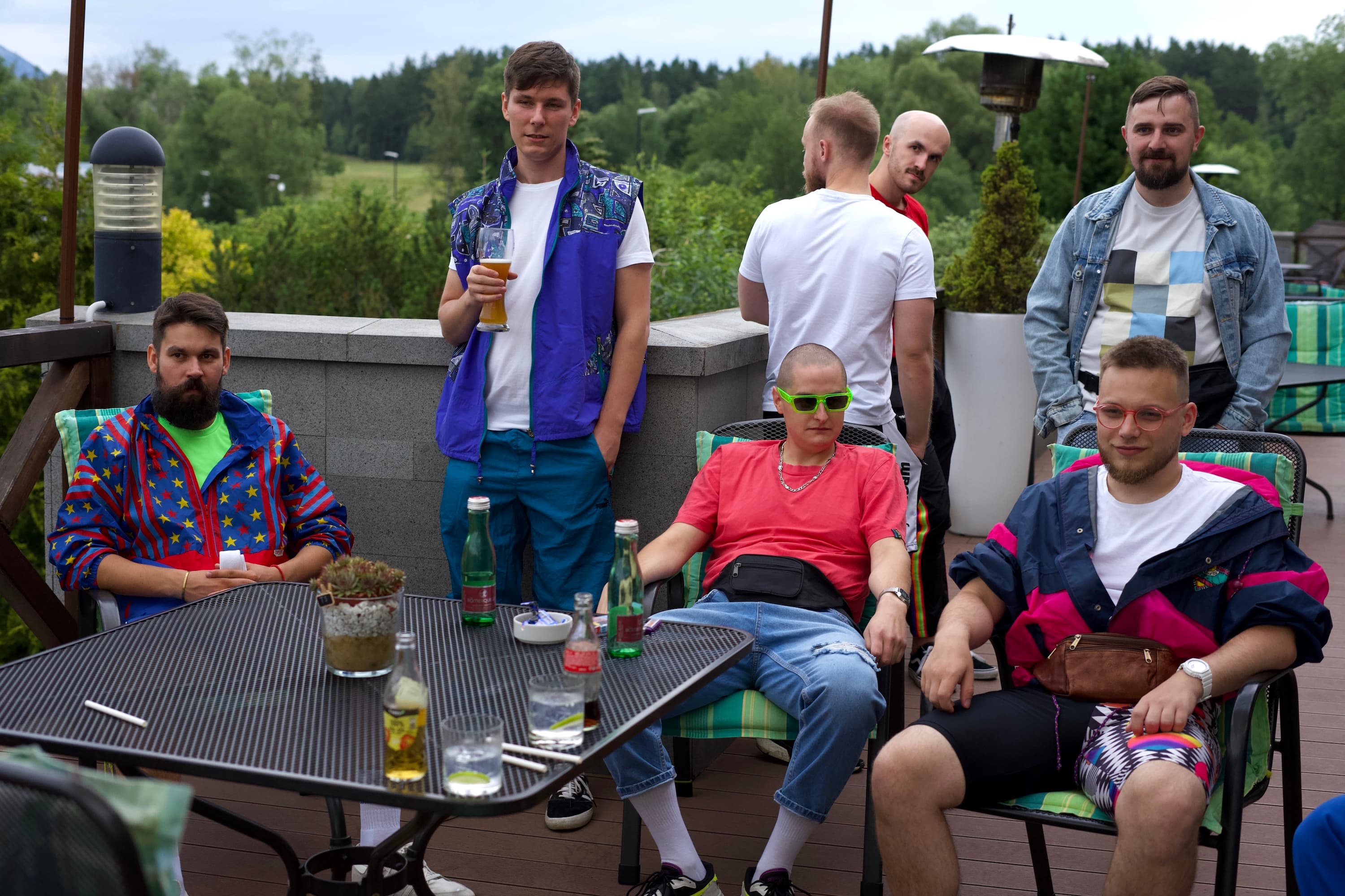 Boys dressed in 80s style at a company retreat