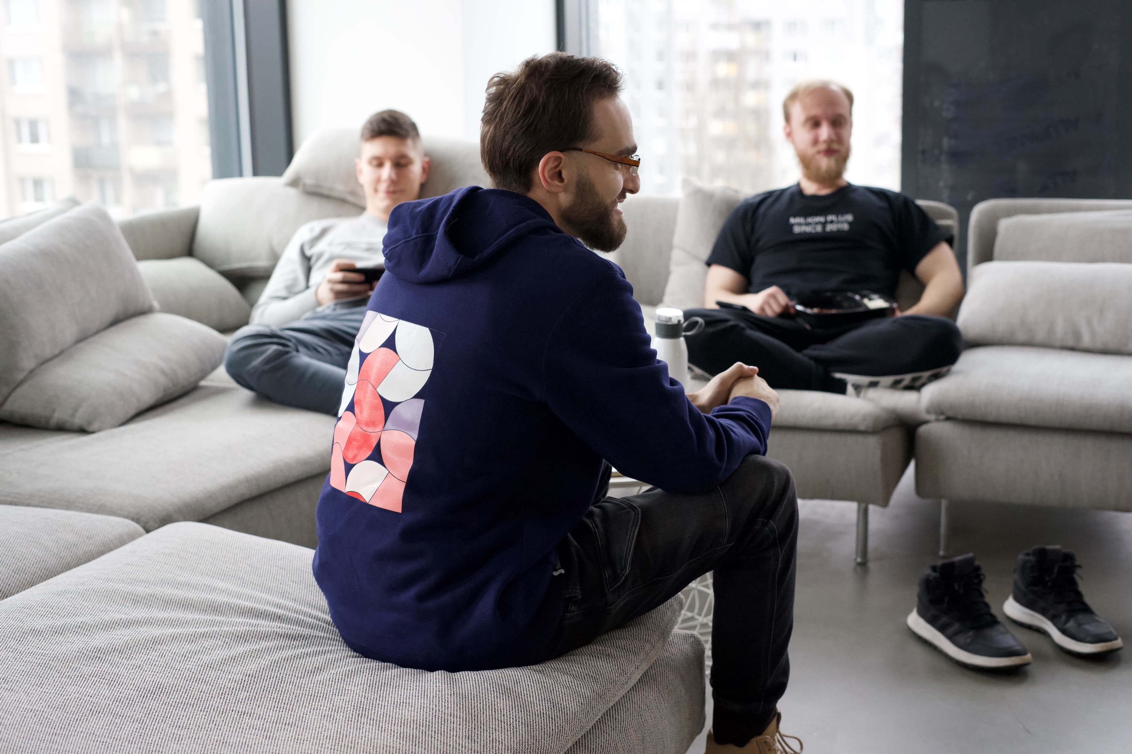 Tomas Varga and his colleagues taking a break after a meeting with the client