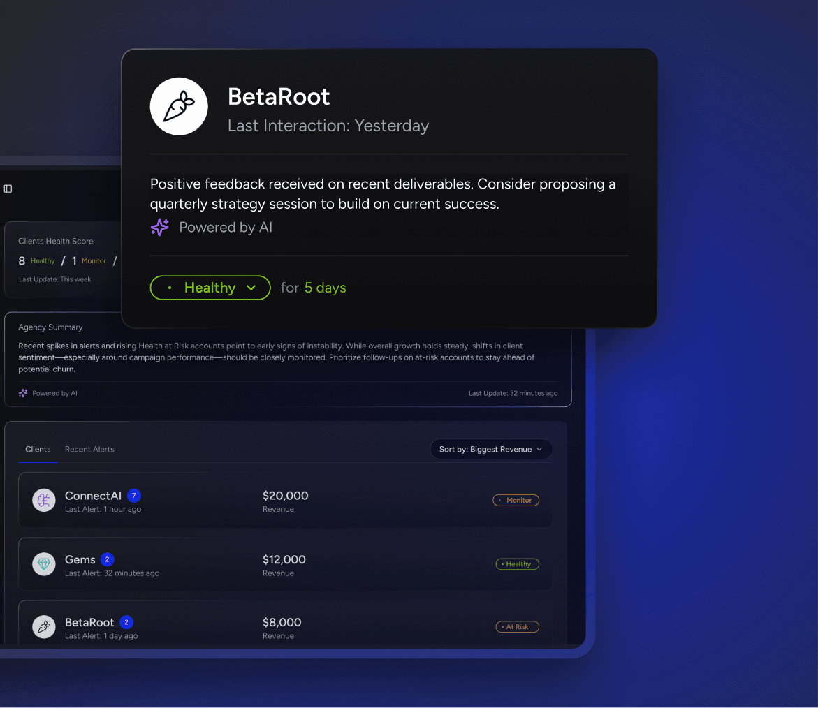 AMS at-risk client detail with AI summary