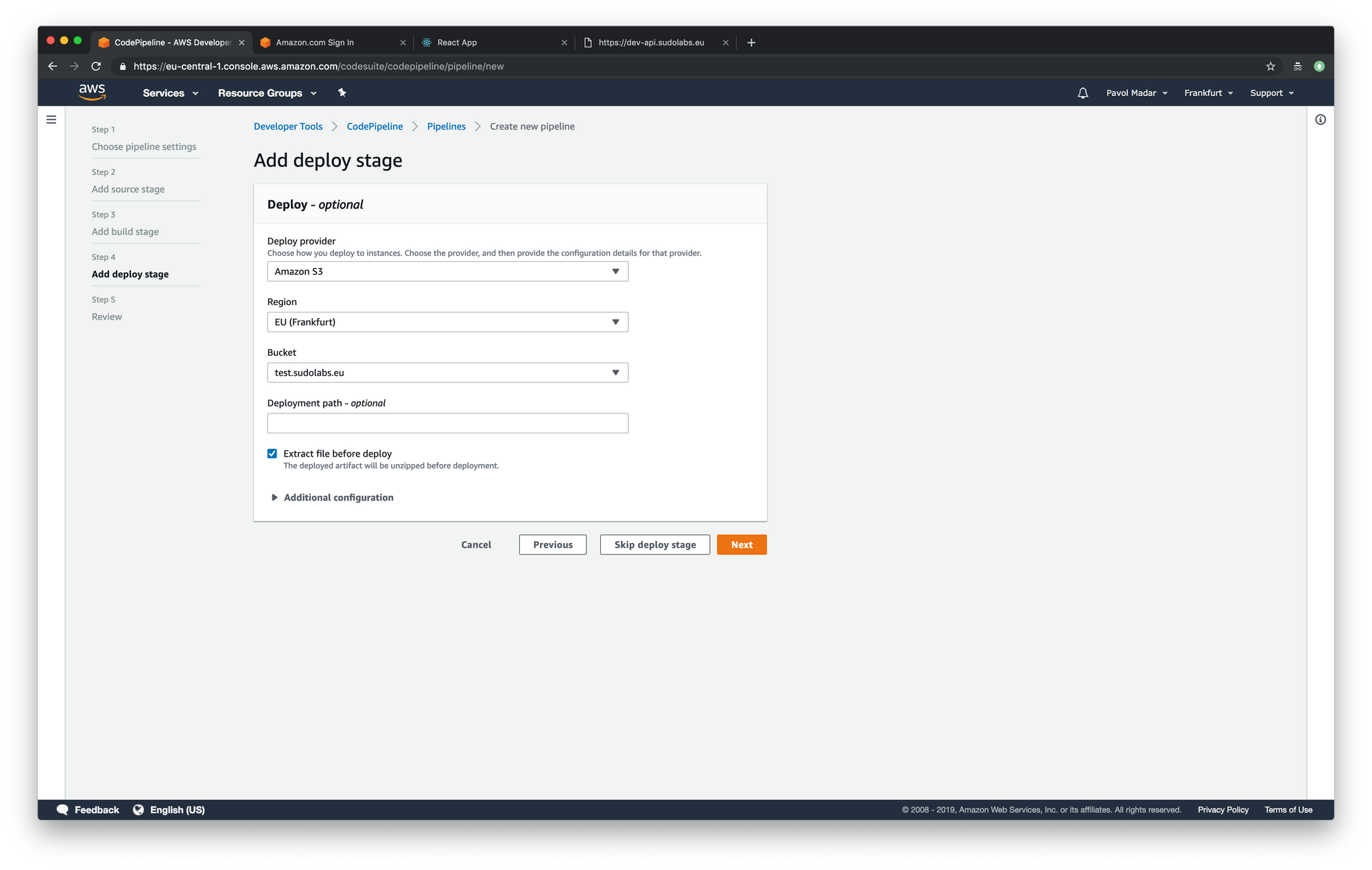 AWS CodePipeline - add deploy stage